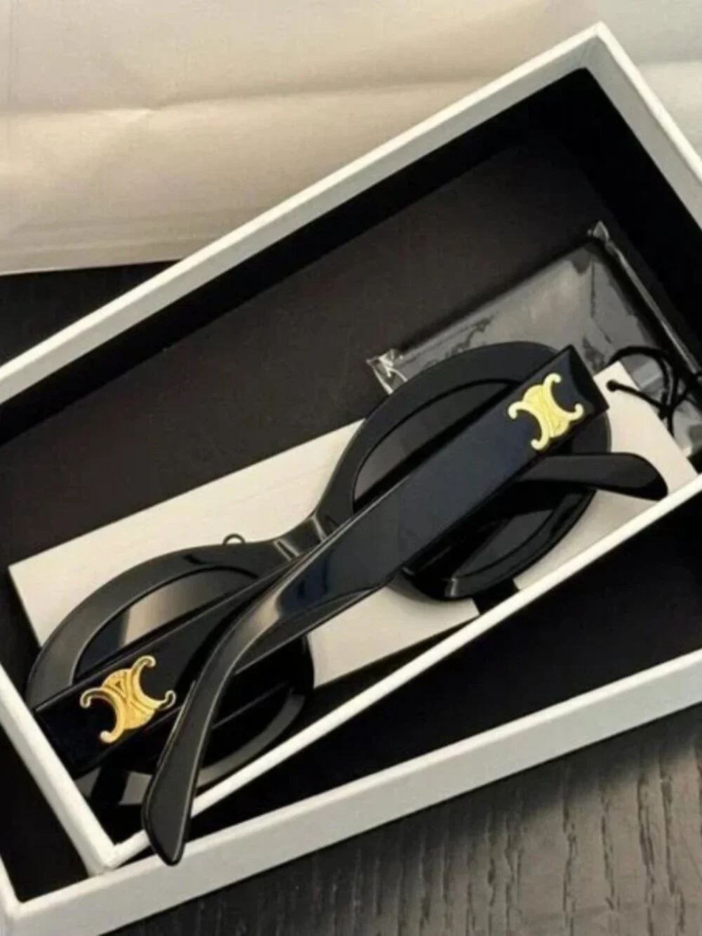 Celine Triomphe Oval Sunglasses Black Acetate Frame Dark Grey Lenses Gold Triomp